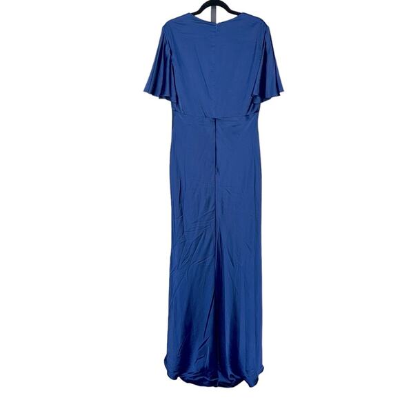 NWT IEENA for MAC DUGGAL Blue Flutter Sleeve V-Neck Satin Maxi Gown Women’s - Picture 8 of 10